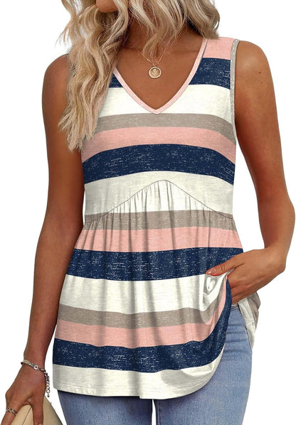 🌞VARMT SALG 48% RABATT👚Dameprint, flagrende, ermeløs peplum-tanktopper med V-hals
