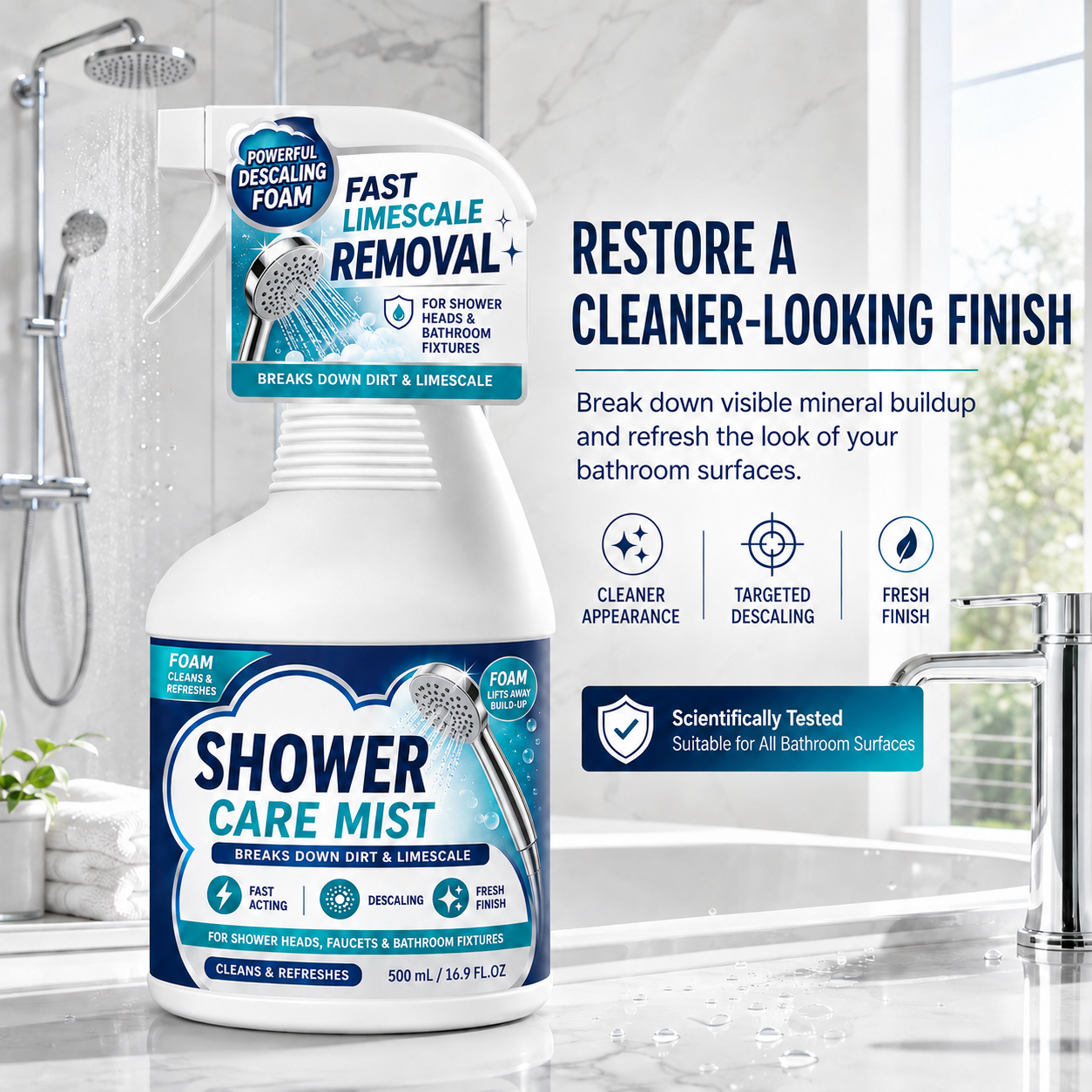❄️Summerfresh 50 % RABATT!🚿Hurtigvirkende kalkfjernerspray til badet – Rengjøringsmiddel for dusj, kran og hardt vann, 500 ml