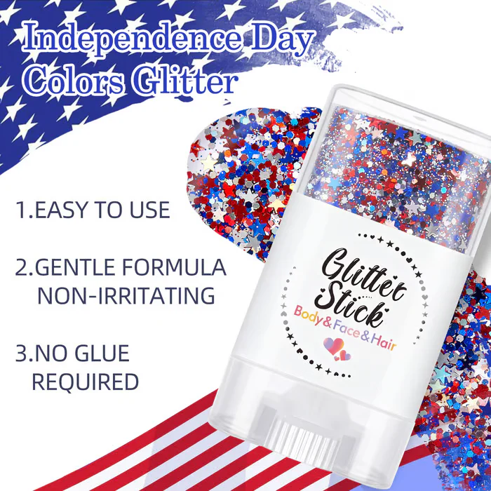 3-i-1 Patriotic Glow😍✨ Rød, hvit og blå glitter-bodystick