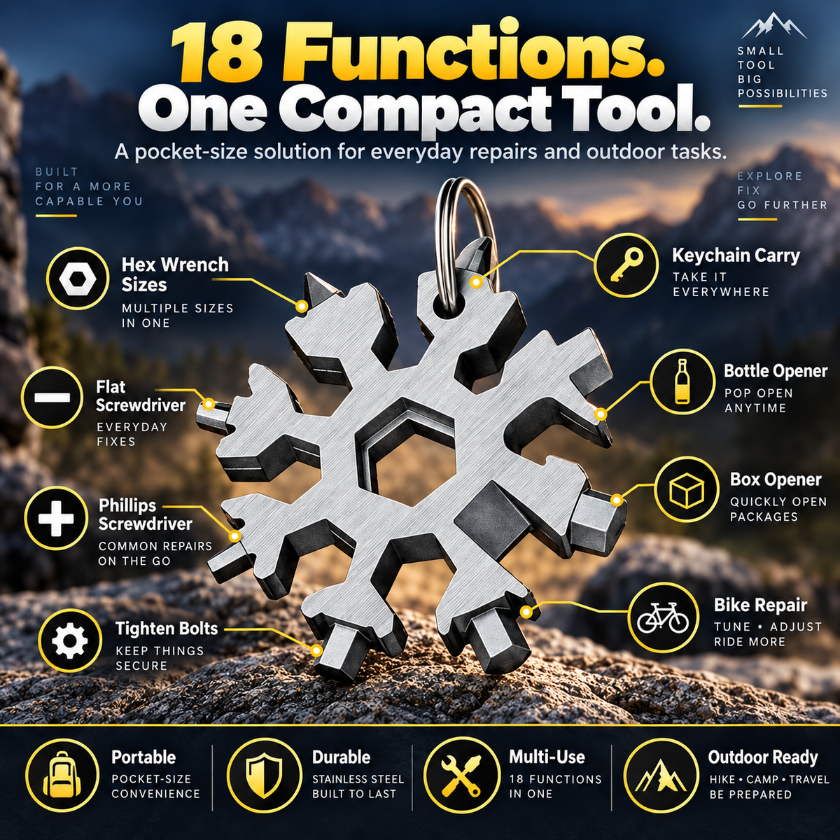 18-in-1 snowflake-shaped multi-tool, stainless steel spanner with screwdriver & bottle opener
