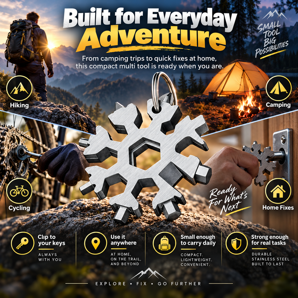 18-in-1 snowflake-shaped multi-tool, stainless steel spanner with screwdriver & bottle opener
