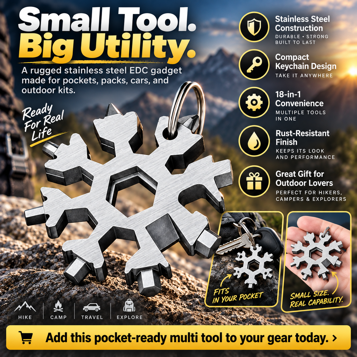 18-in-1 snowflake-shaped multi-tool, stainless steel spanner with screwdriver & bottle opener