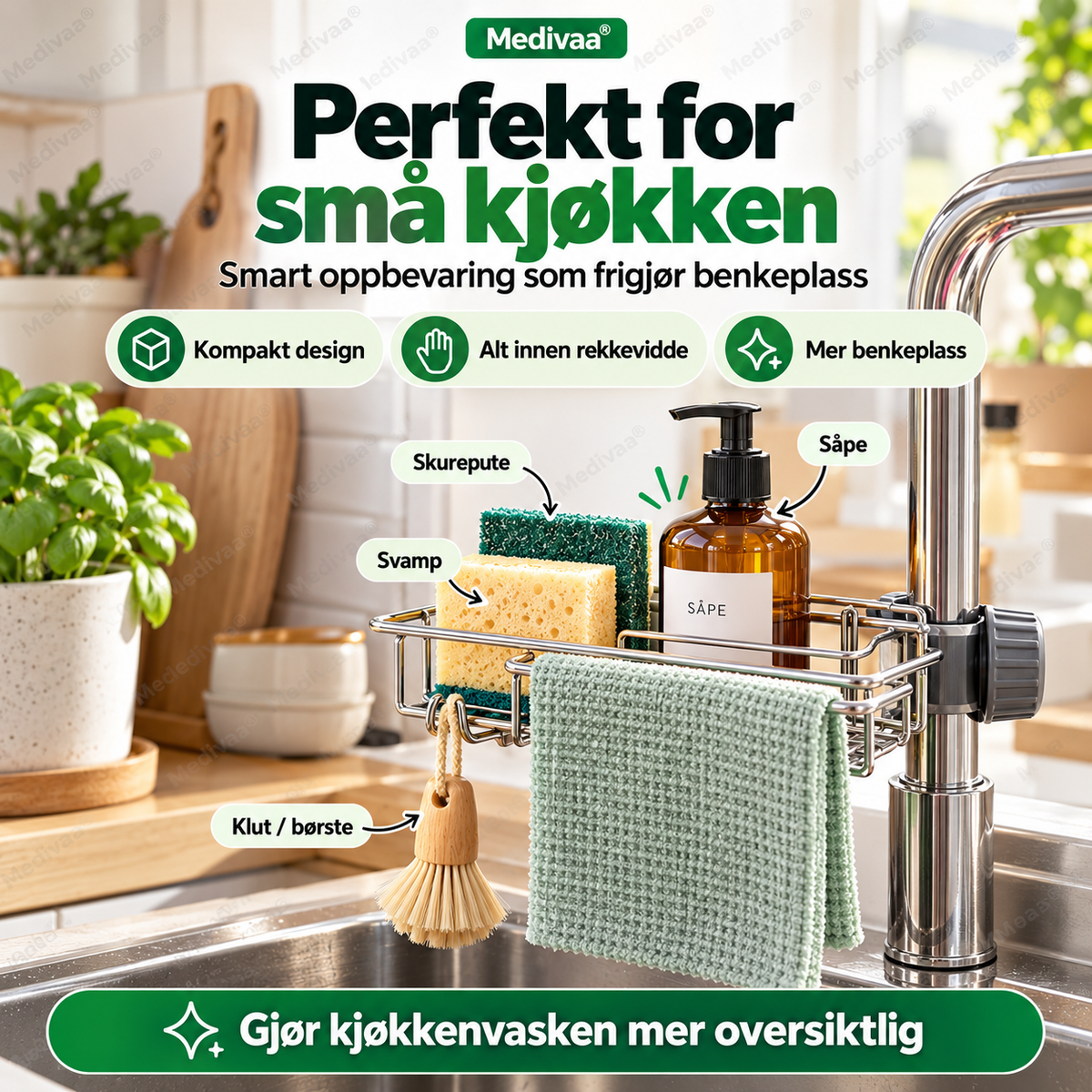 Oppbevaringsstativ i rustfritt stål til kjøkkenvasken