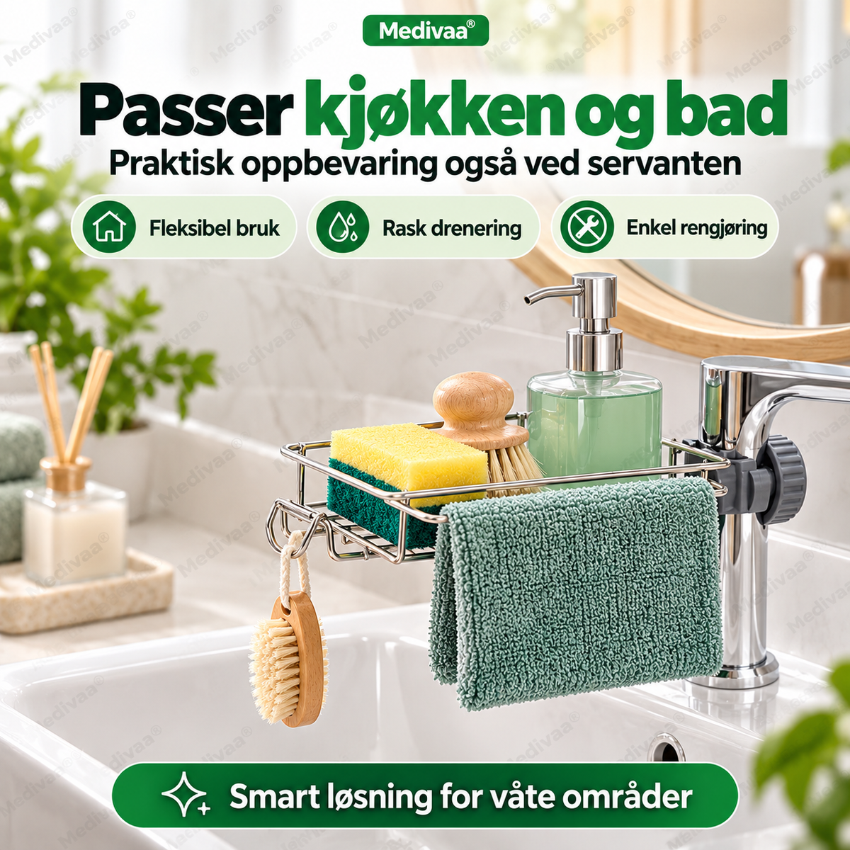 Oppbevaringsstativ i rustfritt stål til kjøkkenvasken