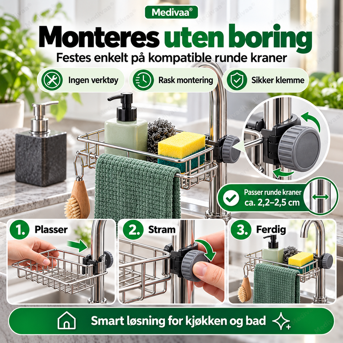Oppbevaringsstativ i rustfritt stål til kjøkkenvasken