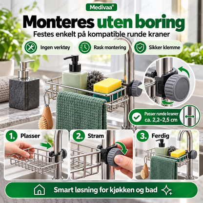 Oppbevaringsstativ i rustfritt stål til kjøkkenvasken