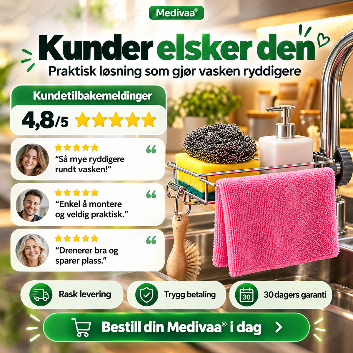 Oppbevaringsstativ i rustfritt stål til kjøkkenvasken
