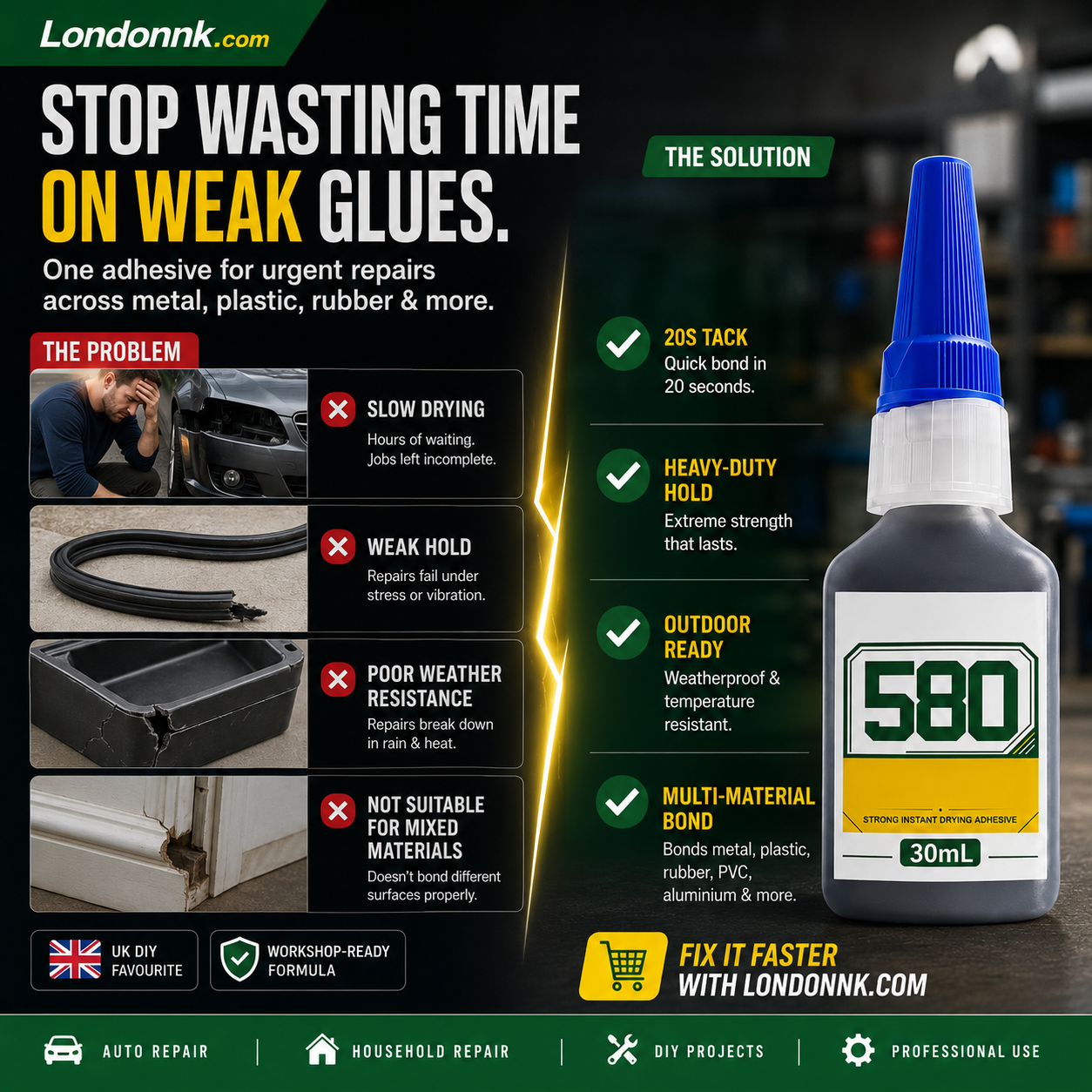 🛠️ Hurtiglim – limer metall, plast og gummi. Herder i 20 sekunder, er værbestandig og støtsikker. 30 ml. 48 % RABATT! 🔧✨