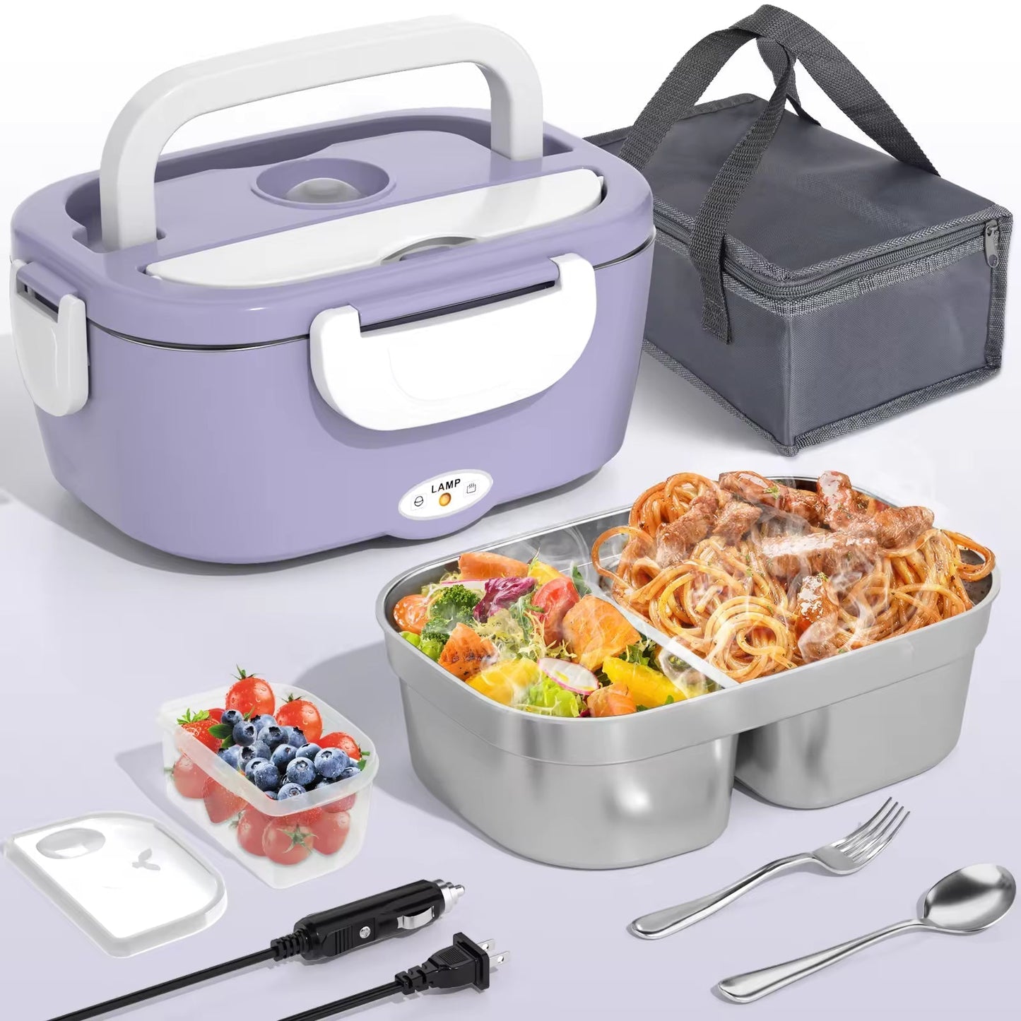 Bærbar selvoppvarmende matvarmer - Dobbel strømforsyning (220V støpsel/12V bil) - Med isolert veske - Ideell for pendlere, camping og arbeidsplasser