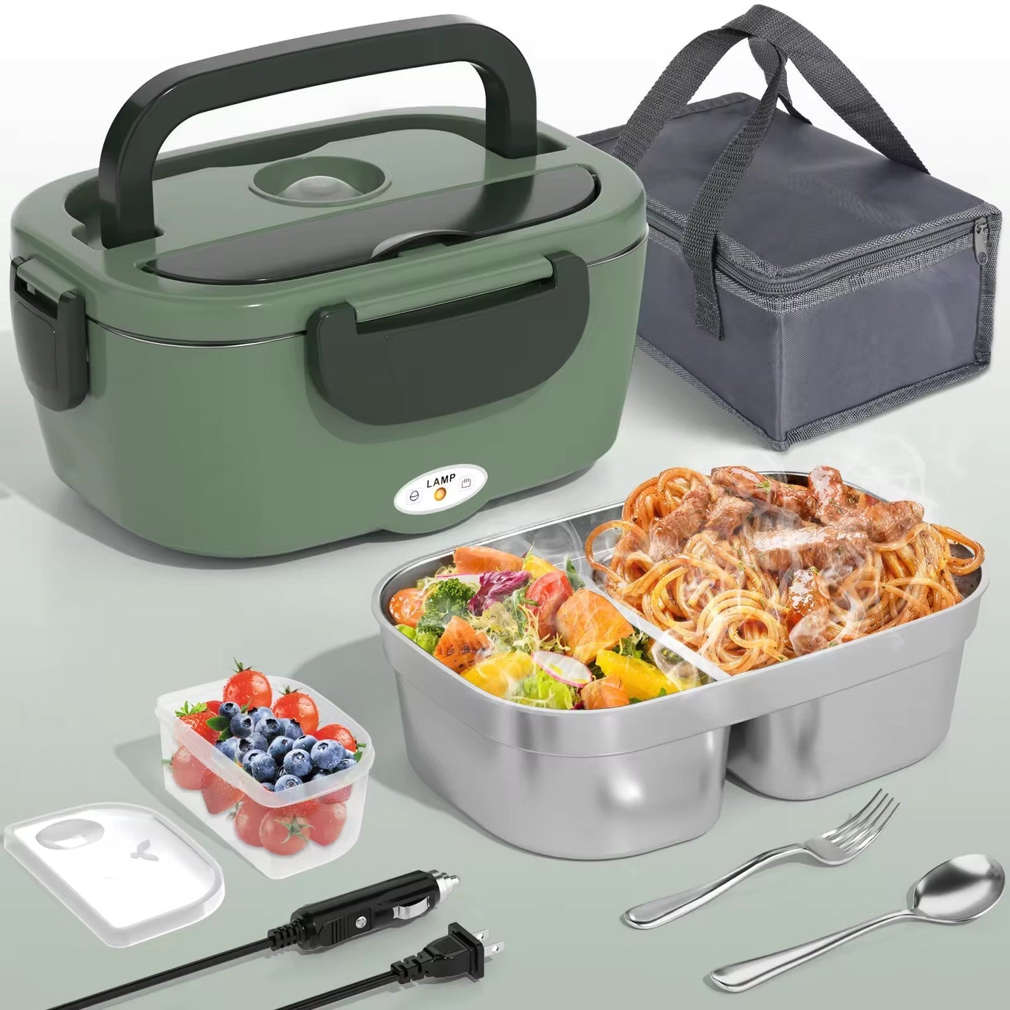 Bærbar selvoppvarmende matvarmer - Dobbel strømforsyning (220V støpsel/12V bil) - Med isolert veske - Ideell for pendlere, camping og arbeidsplasser