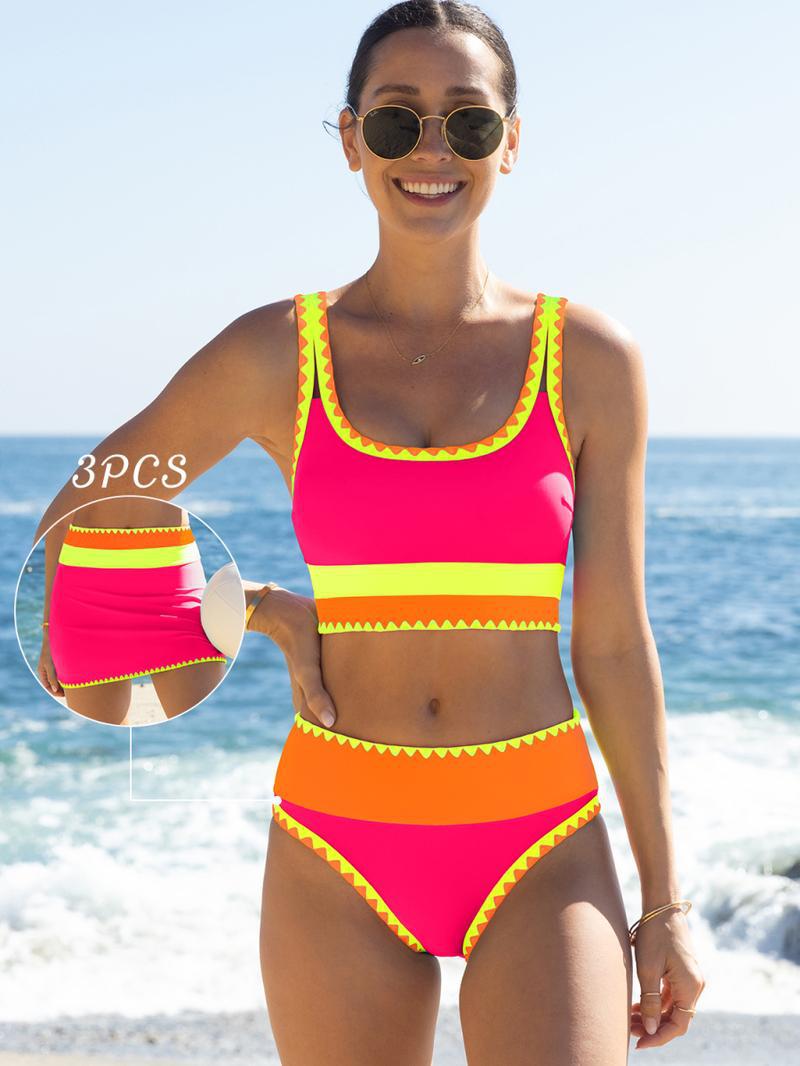🌼Sporty 3-delt bikinisett i nylon med fargeblokker og lappeteppe - høy midje og magekontroll👙🌈