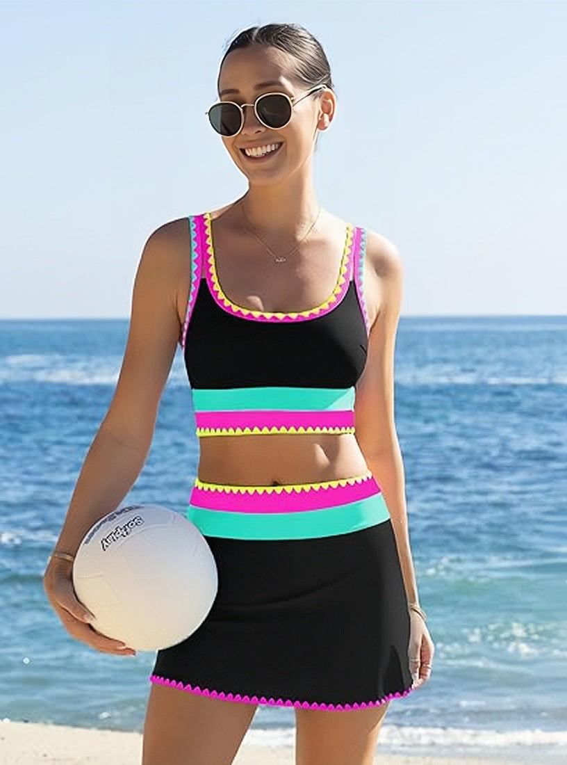 🌼Sporty 3-delt bikinisett i nylon med fargeblokker og lappeteppe - Badedrakt med høy midje og magekontroll👙🌈