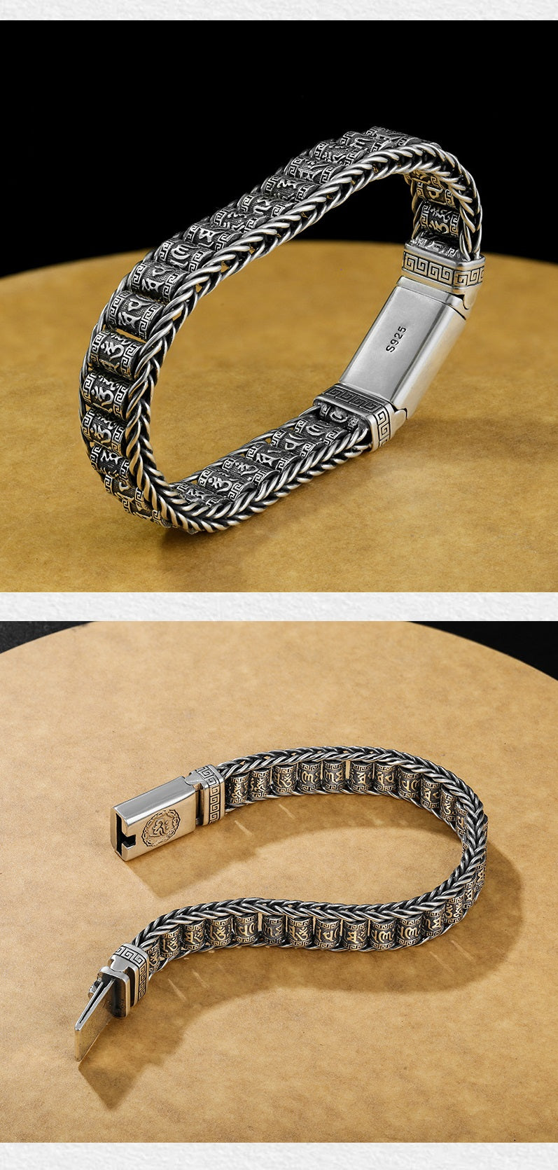 Armbånd med seks tegn som symboliserer sannhetens bønnehjul