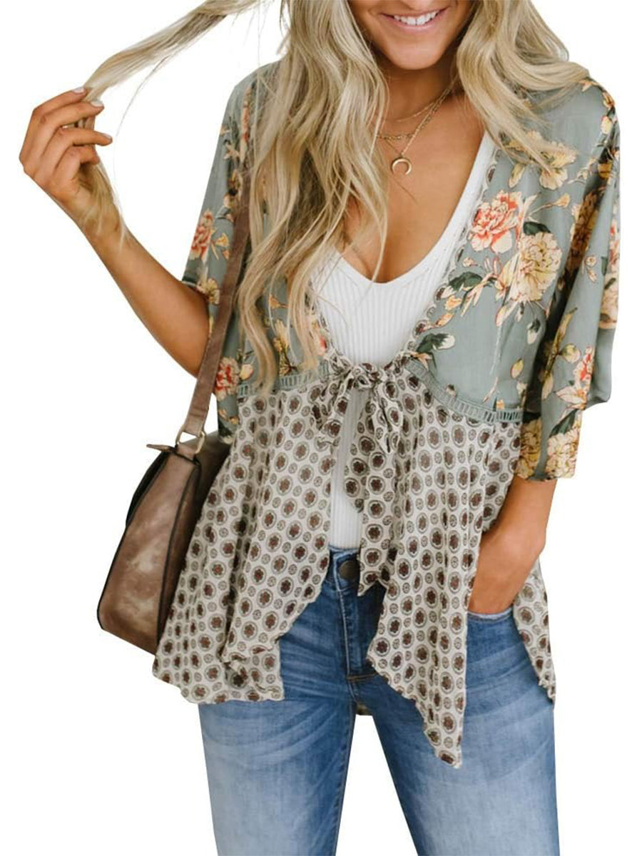 🌸Vårsalg 49 % rabatt🌸Blomstrete kimono-cardigans for damer med volanger på ermene, snøring og løst snitt i boho-stil