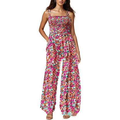 ✨ 48 % RABATT NÅ! 🌼 Ermeløs jumpsuit med blomsterprint til dame – Smocked byste og vide ben i sommerstil 👒🏖️