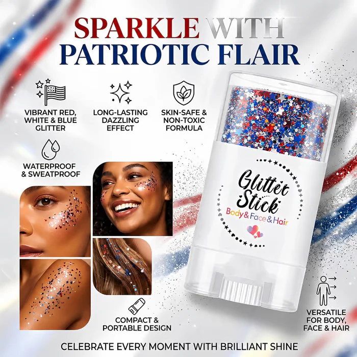 3-i-1 Patriotic Glow😍✨ Rød, hvit og blå glitter-bodystick