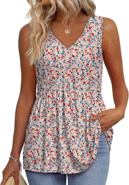 🌞VARMT SALG 48% RABATT👚Dameprint, flagrende, ermeløs peplum-tanktopper med V-hals