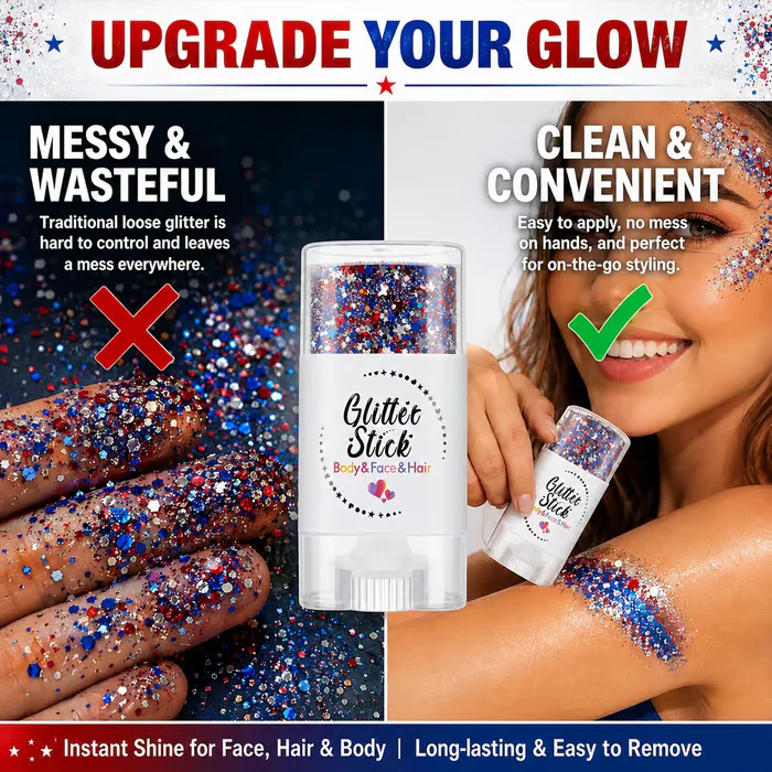 3-i-1 Patriotic Glow😍✨ Rød, hvit og blå glitter-bodystick