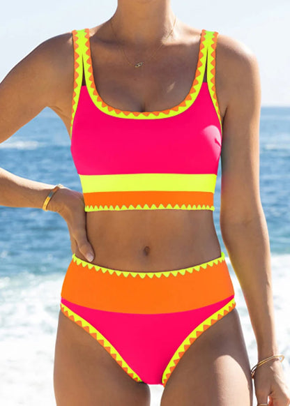 🌼Sporty 3-delt bikinisett i nylon med fargeblokker og lappeteppe - høy midje og magekontroll👙🌈