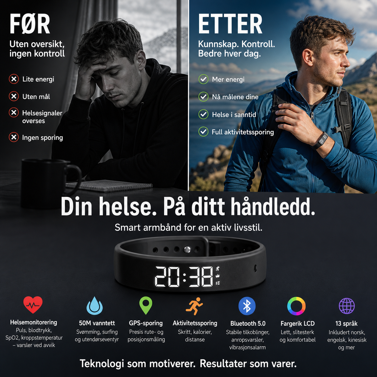 ⌚ SmartSense aktivitetsarmbånd – måler puls, blodtrykk, oksygen og temperatur. GPS, vanntett 50m, Bluetooth 5.0 – perfekt til trening og hverdag! 💪🔥