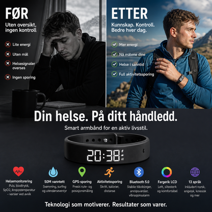 ⌚ SmartSense aktivitetsarmbånd – måler puls, blodtrykk, oksygen og temperatur. GPS, vanntett 50m, Bluetooth 5.0 – perfekt til trening og hverdag! 💪🔥