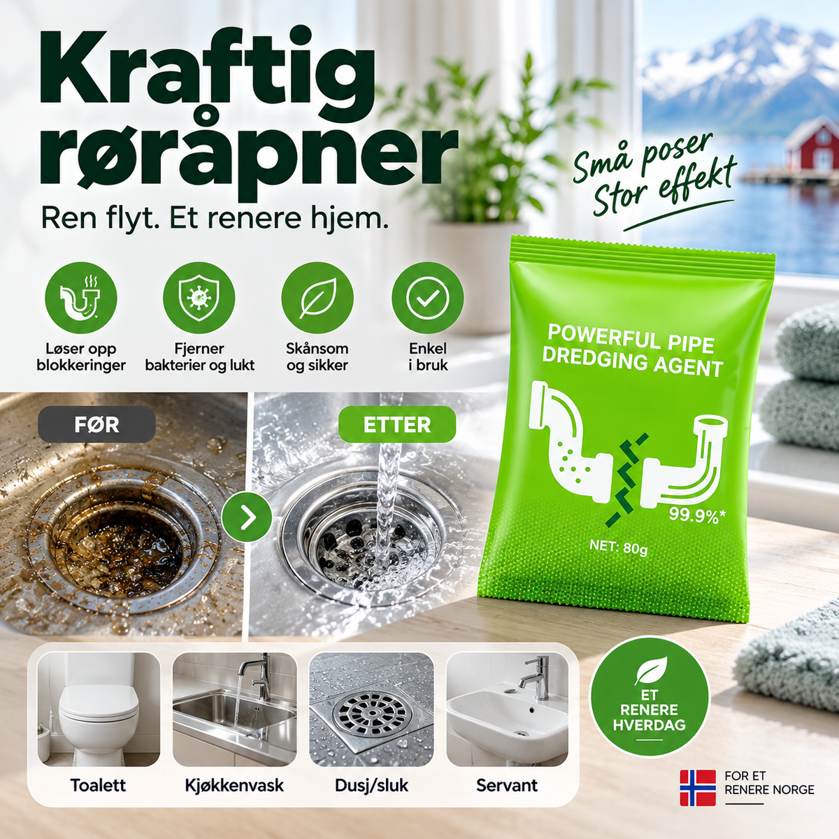 🧪 Avløpsrens i pulverform – effektiv mot hår og fett. Trygg for rør – rengjør vask, toalett og sluk! 💪🌿