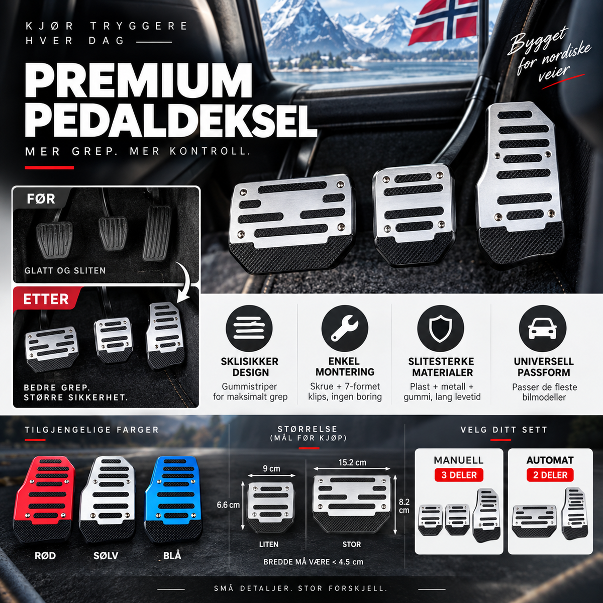 🚗 Sklisikkert pedalsett for bil – gummi, universell passform, enkel montering. Øker sikkerheten på veien! ✨🔧