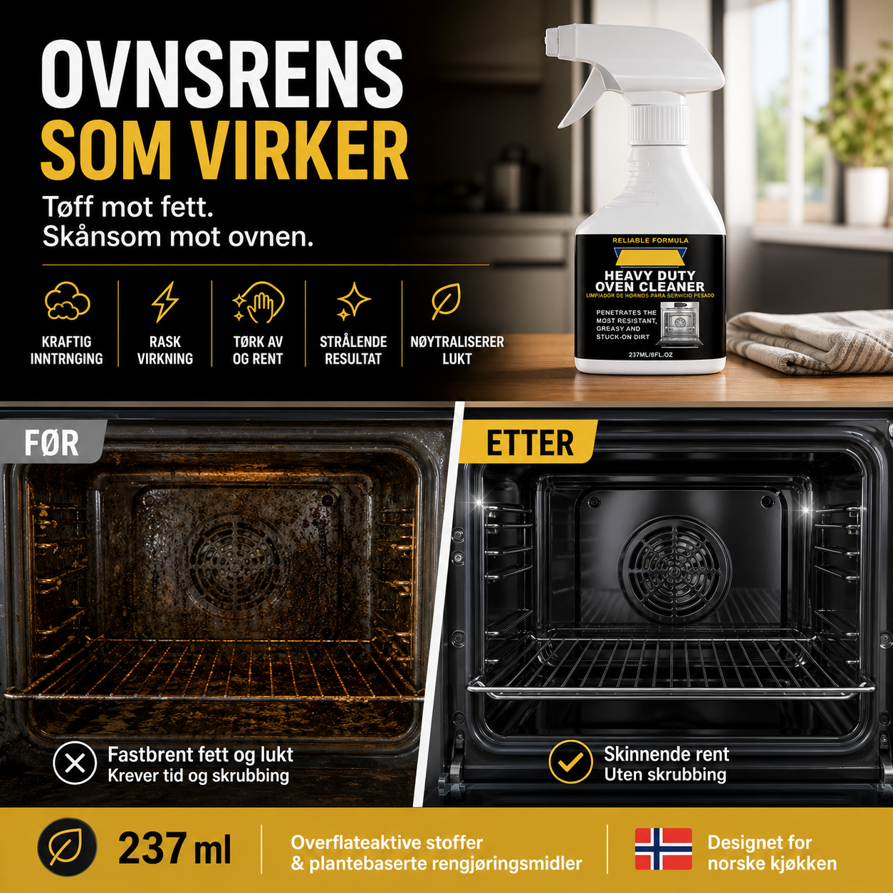 🍳 48% RABATT – Kraftig ovnrens spray – fjerner innbakt fett & matrester – hurtigvirkende – enkel avtørking – luktnøytralisering – for en plettfri ovn