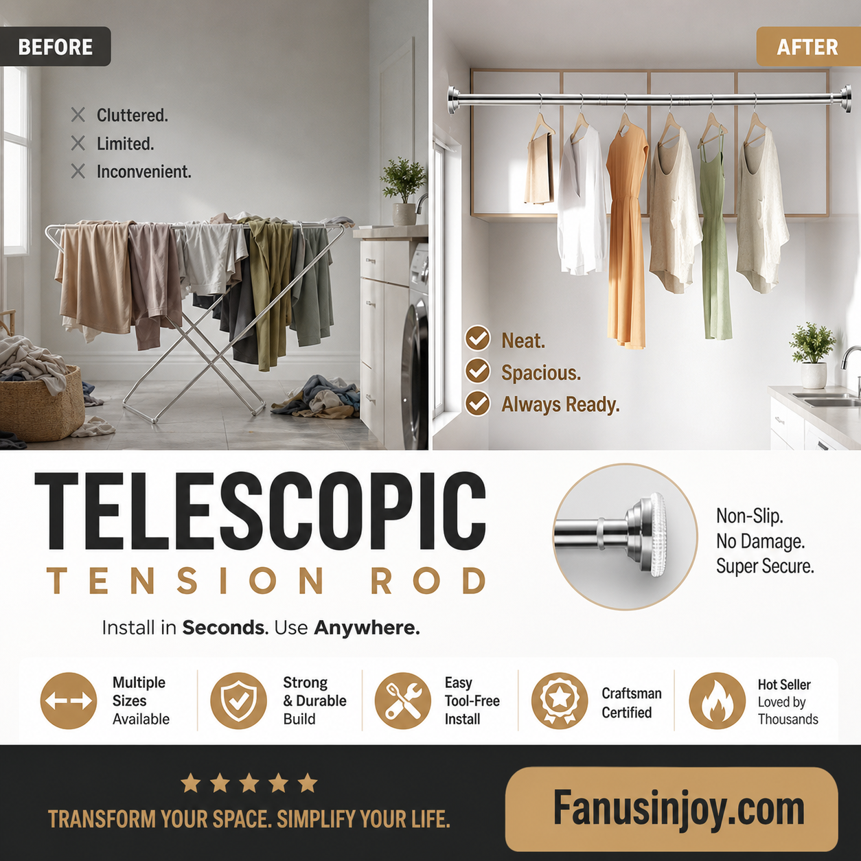 🔥48% off limited time！🥼👚 Create storage space anywhere anytime！Adjustable No-Drill Tension Rod