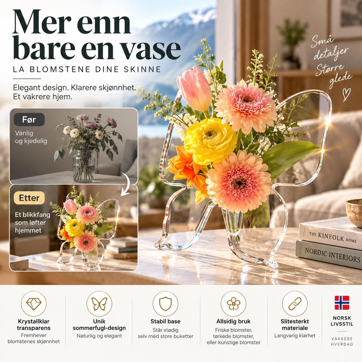🦋 Gjennomsiktig sommerfuglvas – krystallklar plast, stabil base. Perfekt til blomster, bordpynt og gaver! ✨💐
