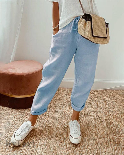 👖🌞Casual bomulls- og linbukser for kvinner – pustende, høy midje og ankelengde eleganse🤍