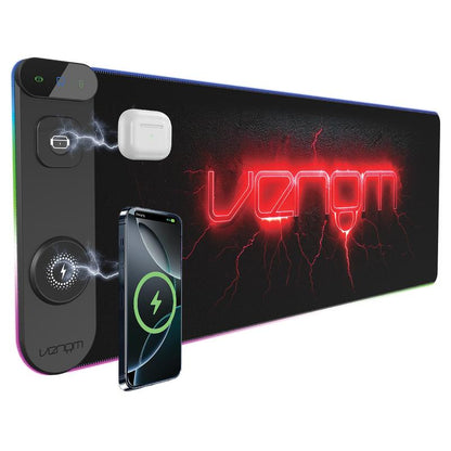 LED-spillbord med trådløs lading | USB-C- og USB-A-porter | Forlenget musematte på 800 x 300 mm