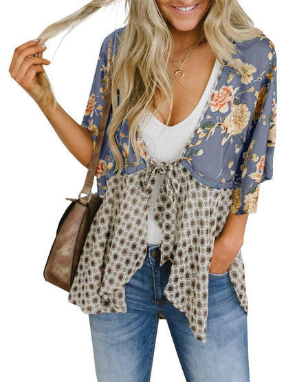 🌸Vårsalg 49 % rabatt🌸Blomstrete kimono-cardigans for damer med volanger på ermene, snøring og løst snitt i boho-stil