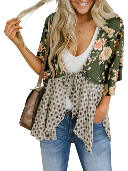 🌸Vårsalg 49 % rabatt🌸Blomstrete kimono-cardigans for damer med volanger på ermene, snøring og løst snitt i boho-stil