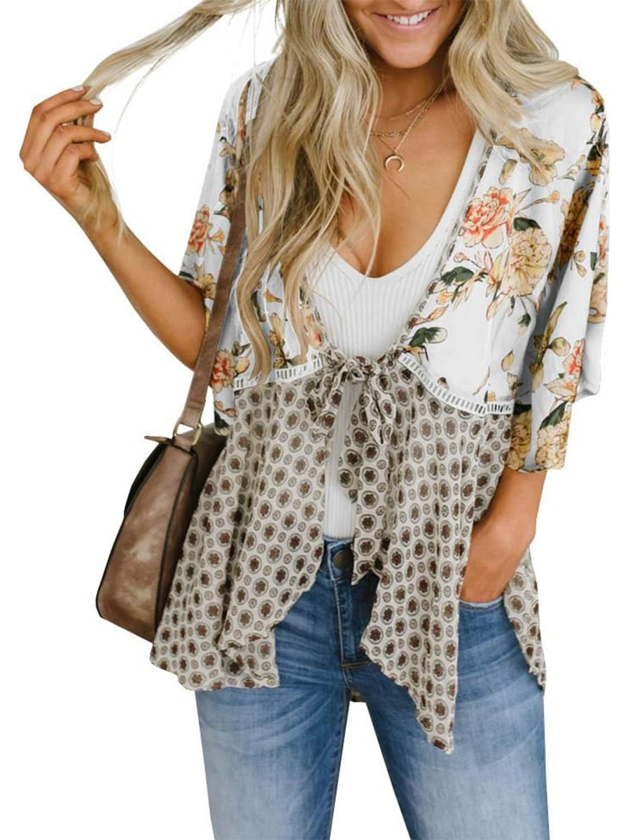 🌸Vårsalg 49 % rabatt🌸Blomstrete kimono-cardigans for damer med volanger på ermene, snøring og løst snitt i boho-stil