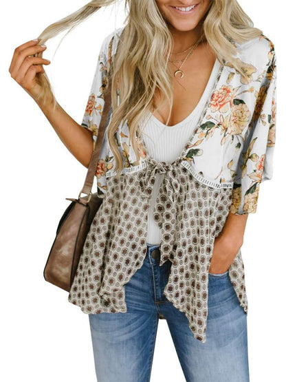 🌸Vårsalg 49 % rabatt🌸Blomstrete kimono-cardigans for damer med volanger på ermene, snøring og løst snitt i boho-stil