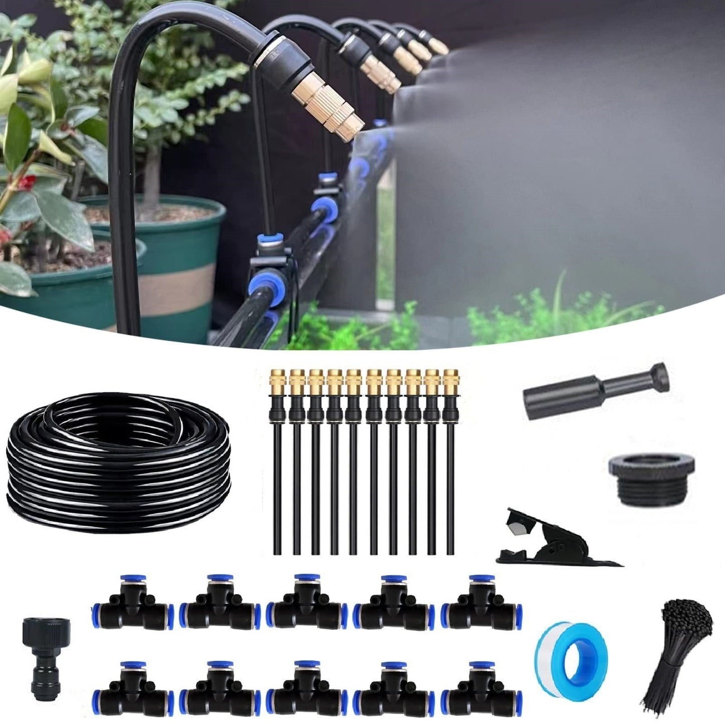 ❄️Zomerfresh 48 % rabatt! 🌱Justerbart hagefordampings- og vanningssystem – gjør-det-selv-vanningssett med 360° sprayhoder for hage, balkong og drivhus