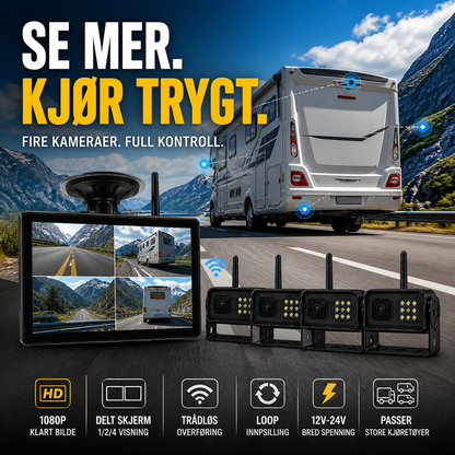 🚛 Trådløst dashcamsystem – 1080P, delt skjerm, 140° synsfelt. Perfekt for lastebiler og bobiler! 📡✨