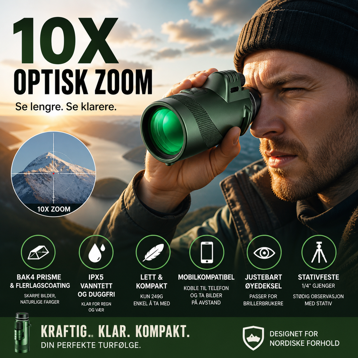 🔭 10x militærkikkert – BAK4, vanntett, lett (249g). Perfekt til jakt, fugletitting og fotografering! 📸✨