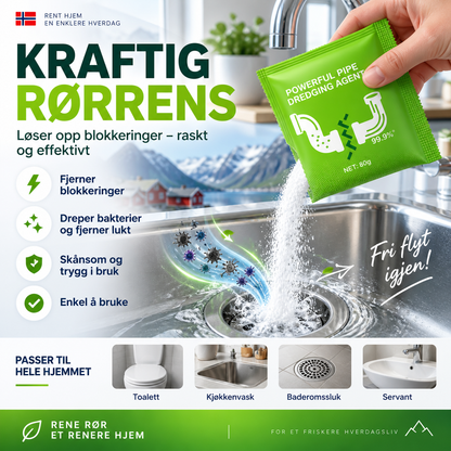 🧪 Avløpsrens i pulverform – effektiv mot hår og fett. Trygg for rør – rengjør vask, toalett og sluk! 💪🌿