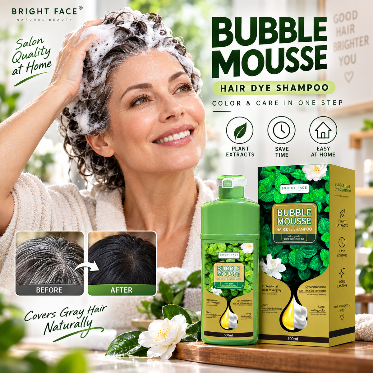 ⚡SALG PÅ 50 % RABATT⏳Plantebasert Bubble Mousse hårfargesjampo | Enkel dekning av grått hår hjemme, skånsom og langvarig💇‍♀️