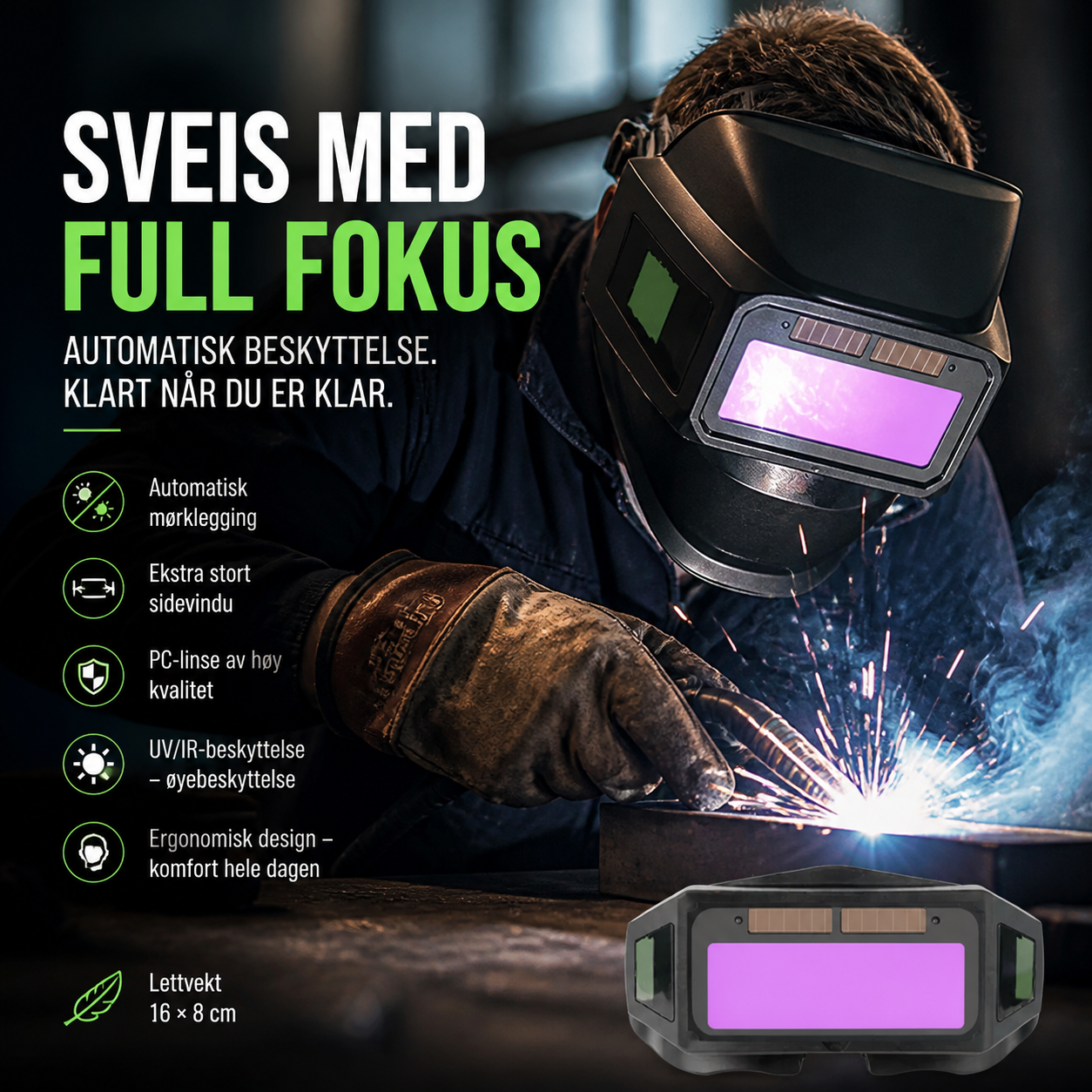 Panoramiske sveisebriller med automatisk mørkningsbeskyttelse og beskyttelse mot intenst lys