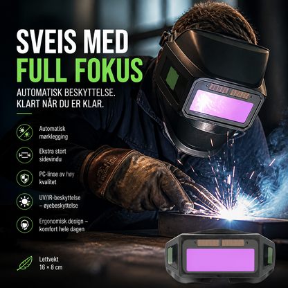 Panoramiske sveisebriller med automatisk mørkningsbeskyttelse og beskyttelse mot intenst lys