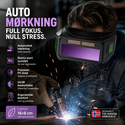 Panoramiske sveisebriller med automatisk mørkningsbeskyttelse og beskyttelse mot intenst lys