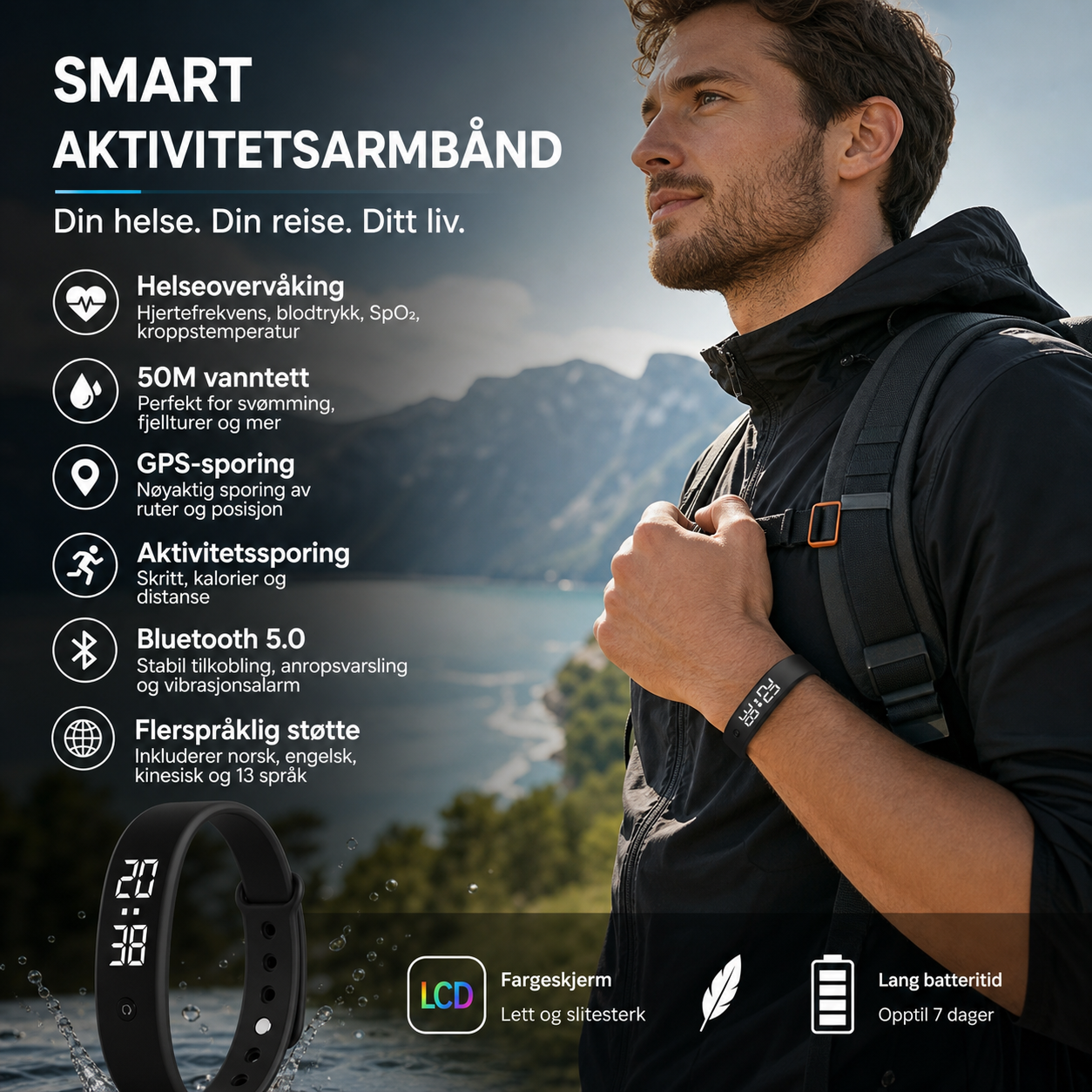 ⌚ SmartSense aktivitetsarmbånd – måler puls, blodtrykk, oksygen og temperatur. GPS, vanntett 50m, Bluetooth 5.0 – perfekt til trening og hverdag! 💪🔥