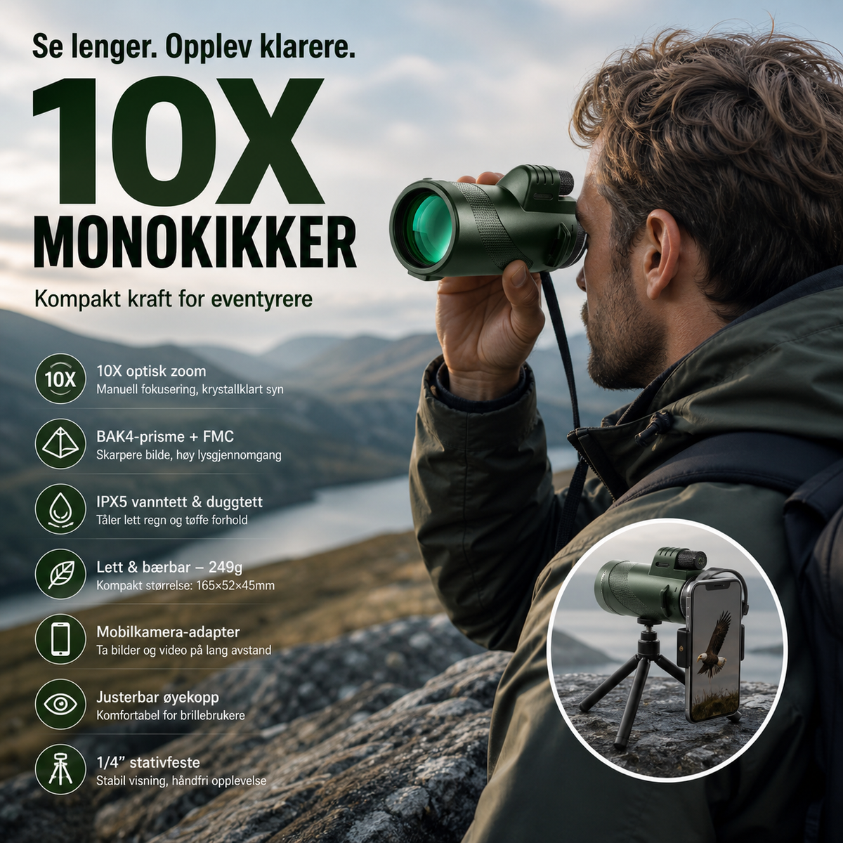 🔭 10x militærkikkert – BAK4, vanntett, lett (249g). Perfekt til jakt, fugletitting og fotografering! 📸✨