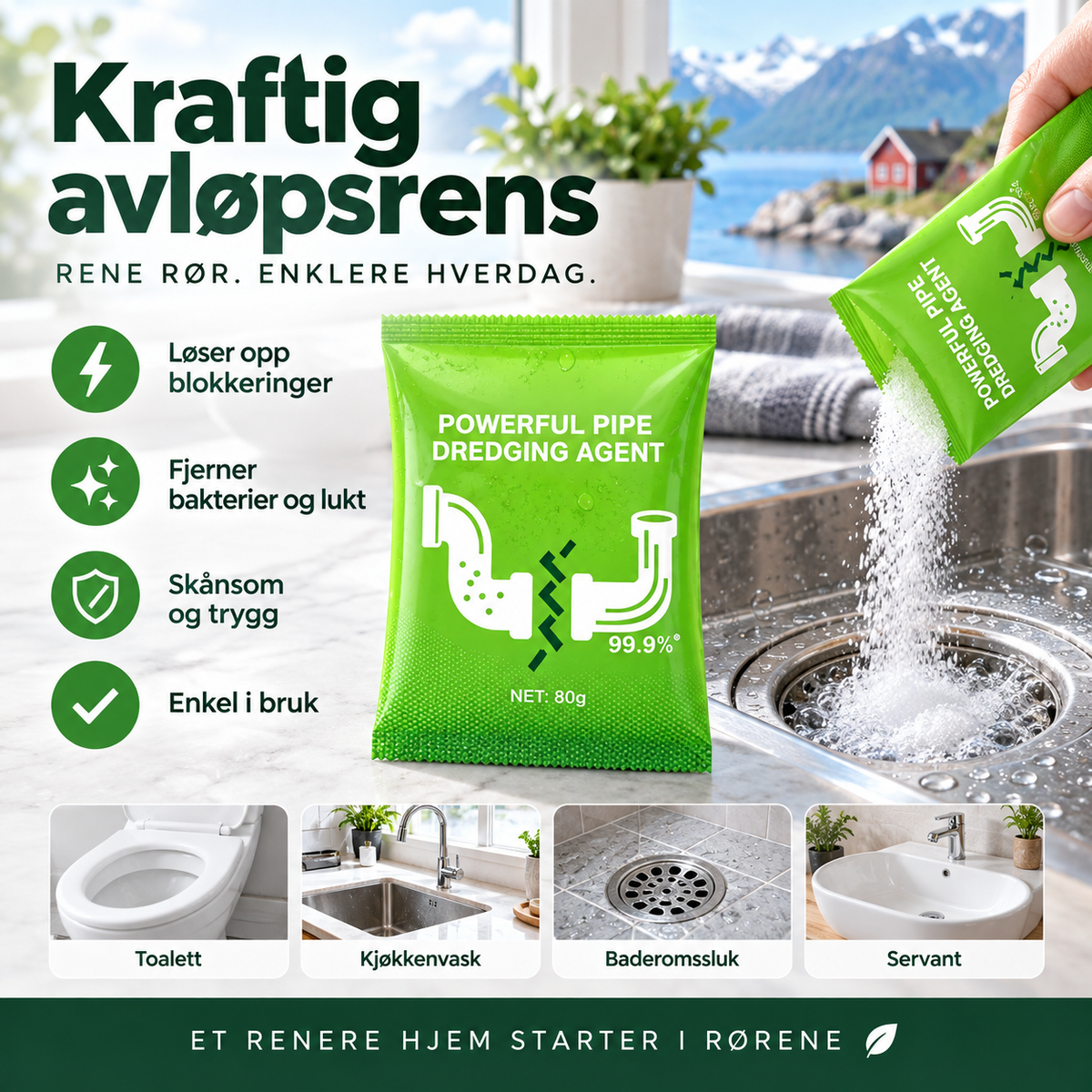 🧪 Avløpsrens i pulverform – effektiv mot hår og fett. Trygg for rør – rengjør vask, toalett og sluk! 💪🌿