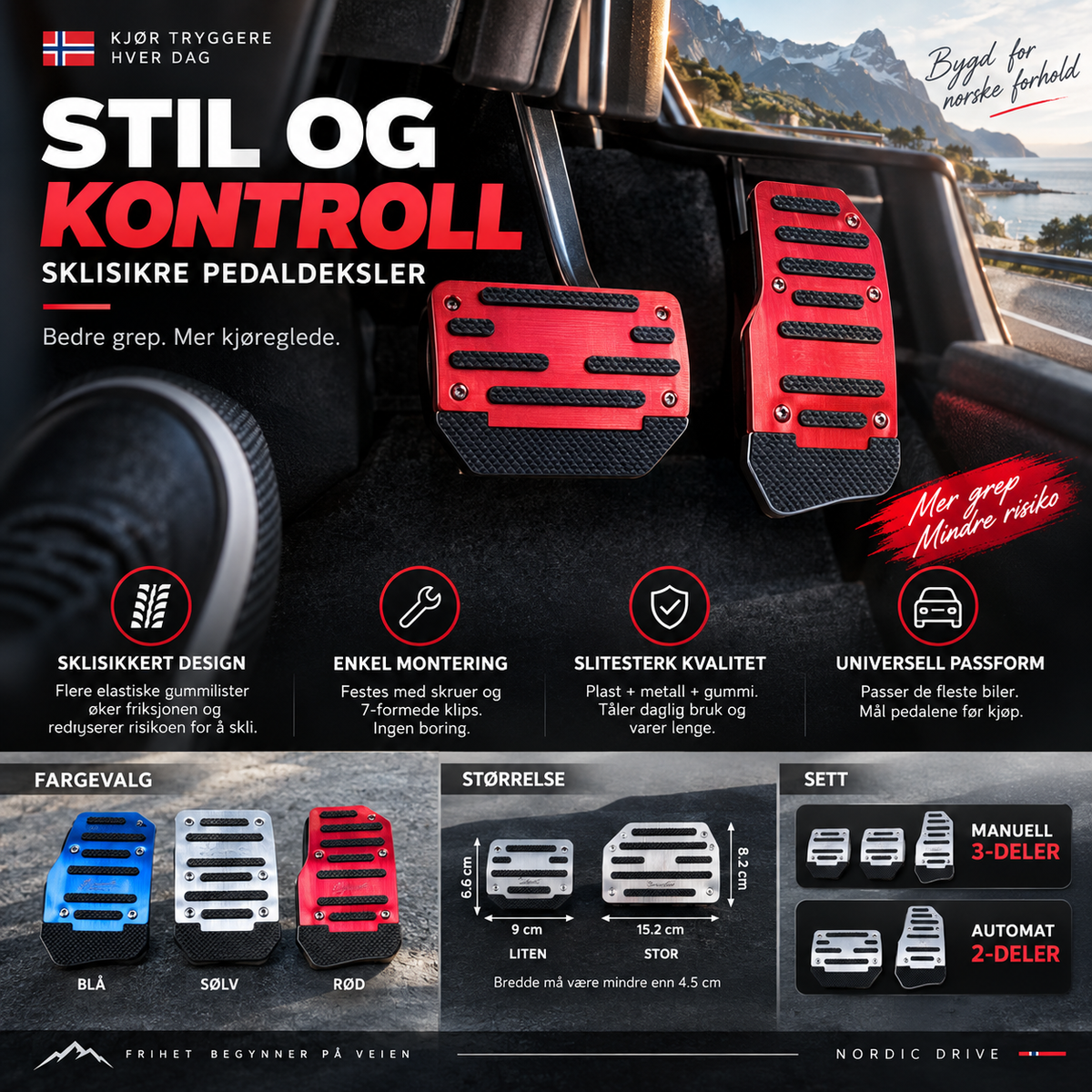 🚗 Sklisikkert pedalsett for bil – gummi, universell passform, enkel montering. Øker sikkerheten på veien! ✨🔧