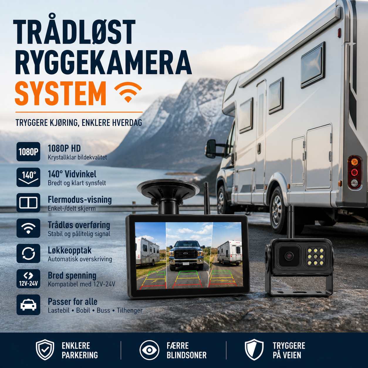 🚛 Trådløst dashcamsystem – 1080P, delt skjerm, 140° synsfelt. Perfekt for lastebiler og bobiler! 📡✨