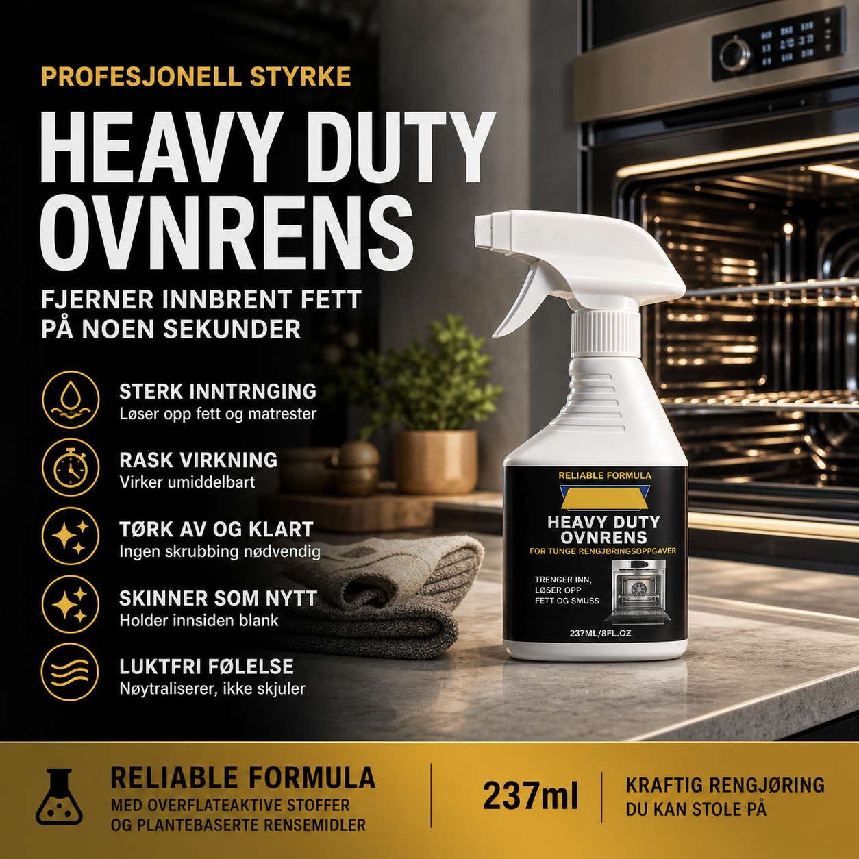 🍳 48% RABATT – Kraftig ovnrens spray – fjerner innbakt fett & matrester – hurtigvirkende – enkel avtørking – luktnøytralisering – for en plettfri ovn